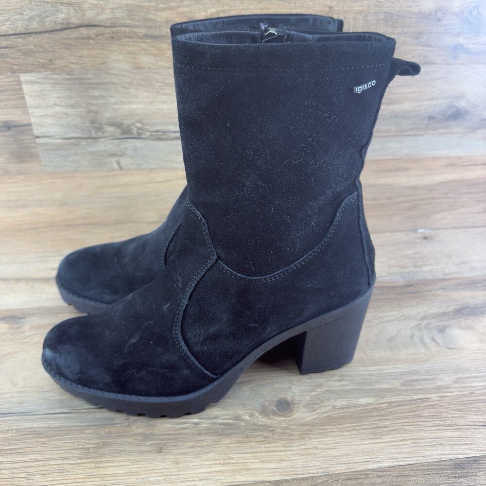 Igi & Co Size 8 Black Leather Ankle Boot With Zipper Patent Strap 6Cm 3/4